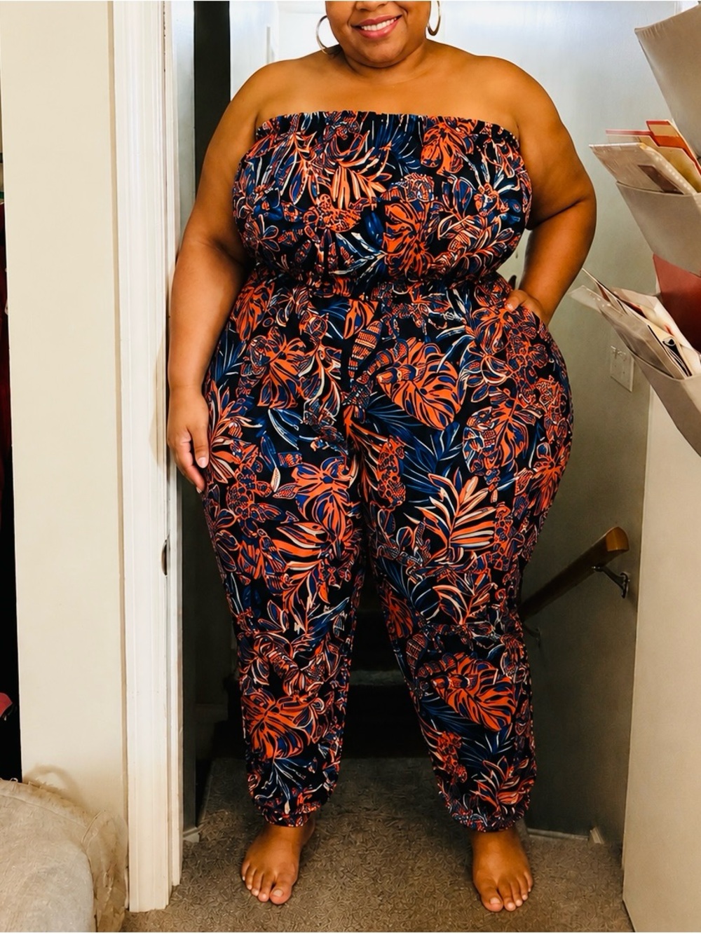 T.J.Maxx Navy & Orange Strapless Plus-Size Tropical Print Jumpsuit